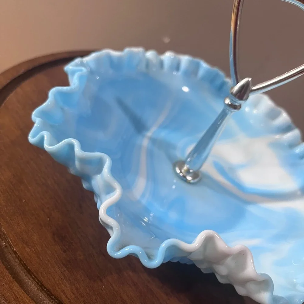 Vtg Fenton Blue Slag Glass Hobnail Ruffled Tidbit Tray Serving Dish 8